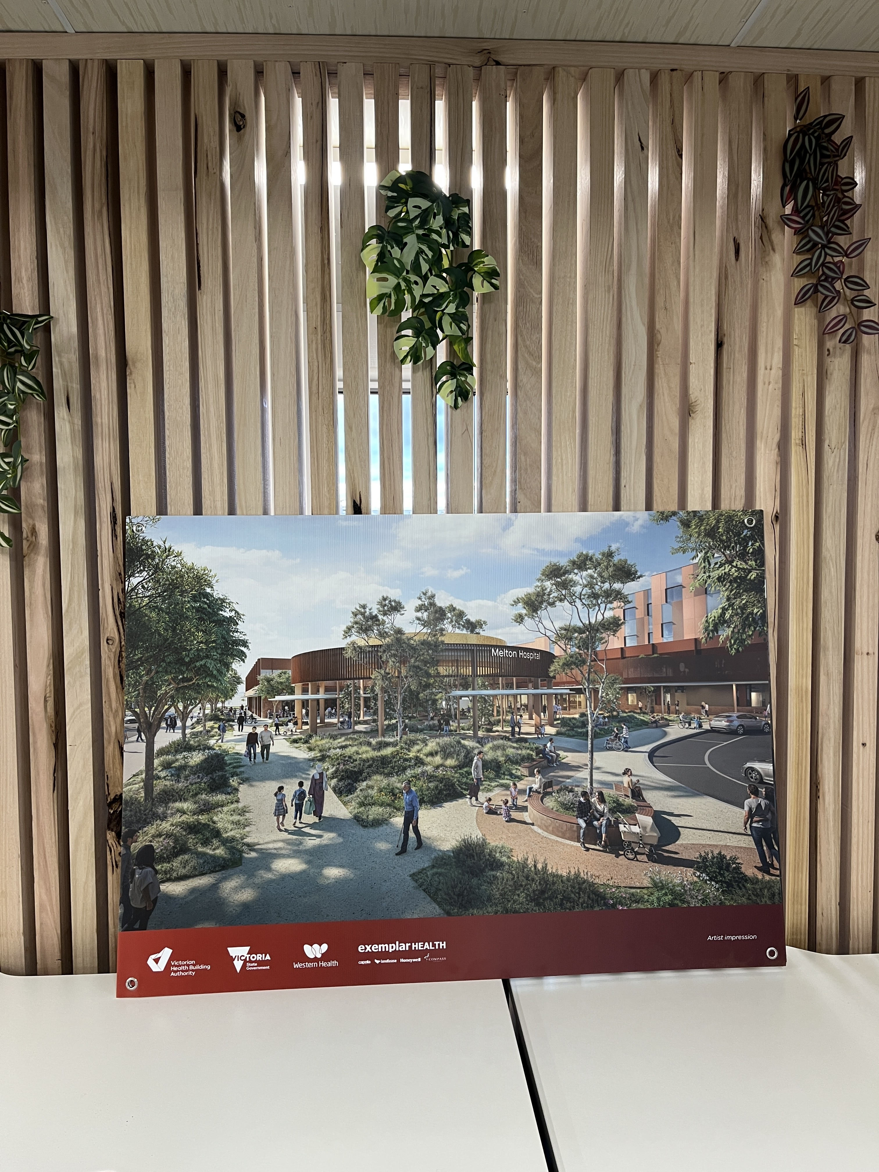 Wood slat wall with hospital (project) render leaning against it